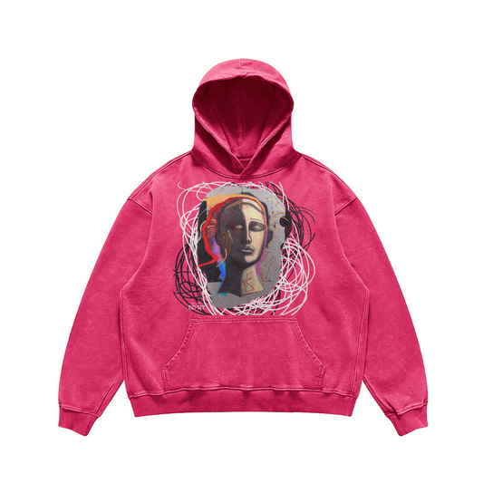 Acid Washed Retro Vintage Oversized Hoodie - Statue of Who Neo Expressionism Inspired Abstract Sweatshirt - Bad Art 